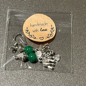 Silver tone Elephant Earrings with Green Beads NIP
